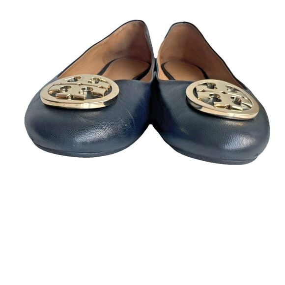 Tory Burch Claire Size 8.5 Black Nappa Leather Gold Tone Ballet Flats - Picture 3 of 12
